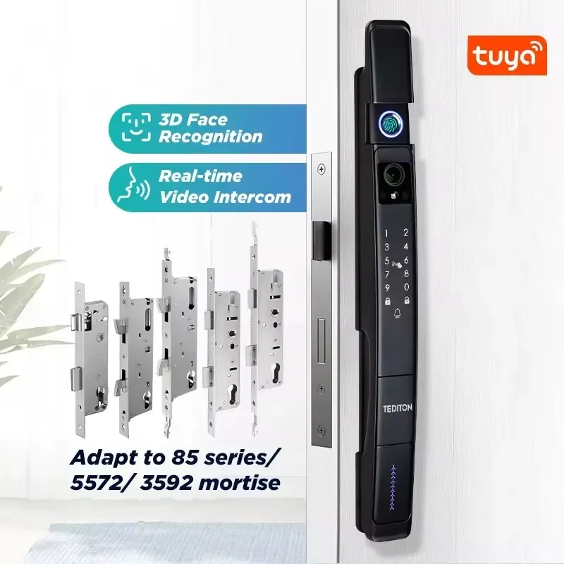 2024 Latest TUYA App Smart Lock Waterproof IP 64 Wifi 3D Face & Fingerprint Recognition for Wood & Glass Door Home Use