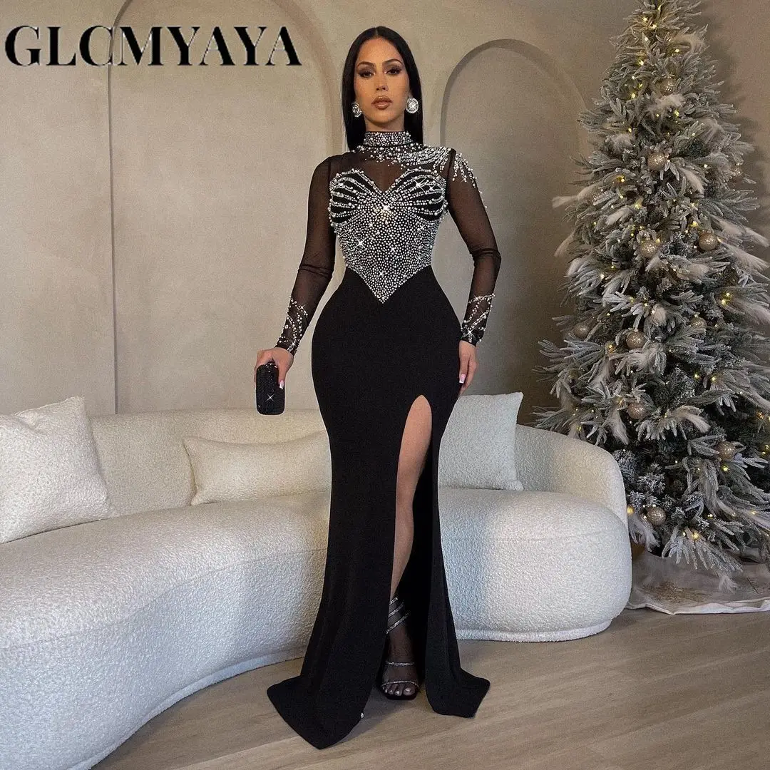 CMYAYA Elegant Wedding Even Mesh See Through Patchwork Long Dress Women Diamonds Rhinestone Mermaid Prom Formal Birthday Luxury