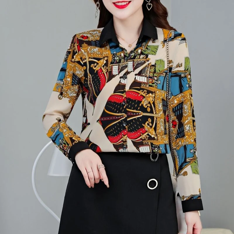 Spring Autumn New Turn-down Collar Long Sleeve Fashion Shirt Women High Street Printing Button Cardigan Elegant All-match Tops