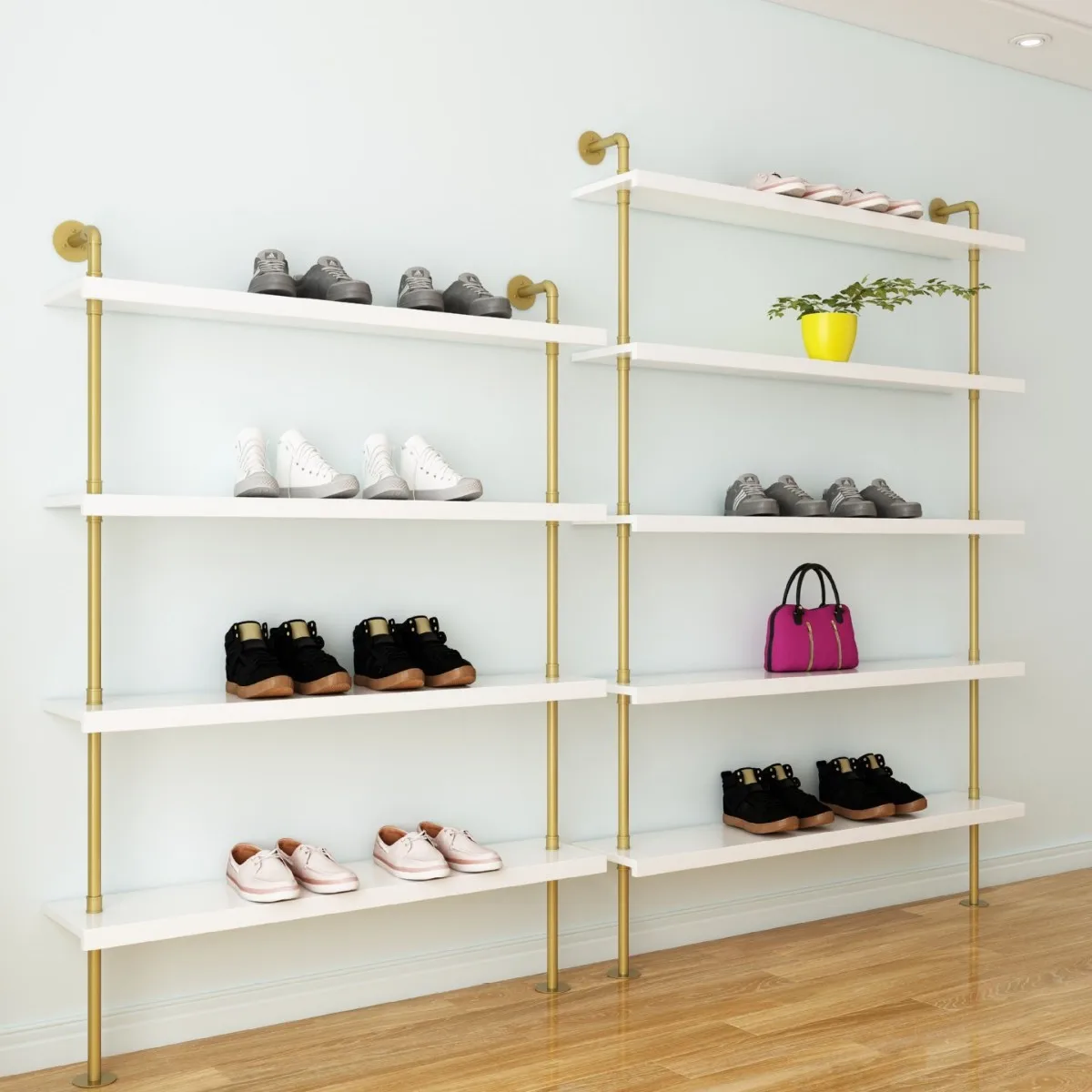 Shopping mall shoe store shoe rack display rack male and female students wall wall hanging shelf bag display gold floor water