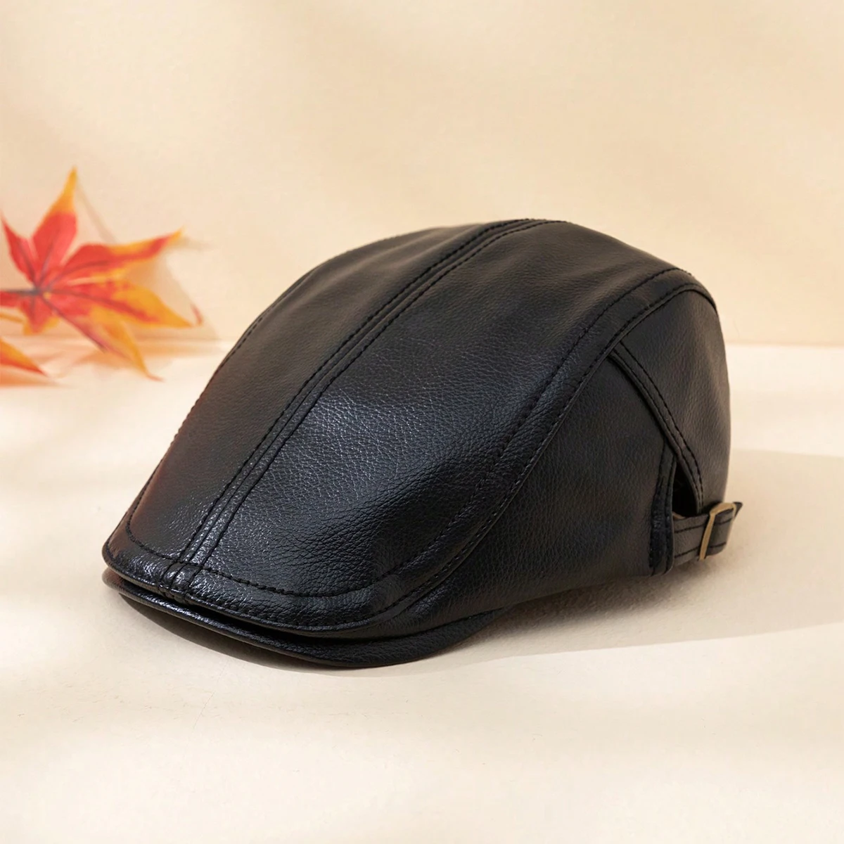 Retro-style Men's PU Front Hat. Classic Stitching, Adjustable Side Metal Buckle. Windproof and Durable. Suitable for Daily Wear.