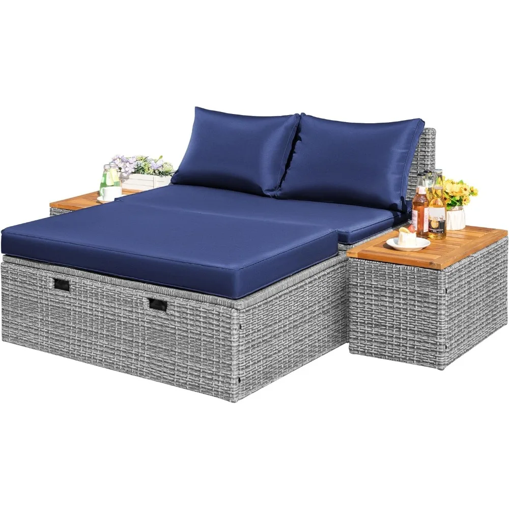 Outdoor Rattan Lounge Chair with 2 Side Tables, Multifunctional Outdoor Patio Daybed with Footrest, Cushions, Storage Ottoman