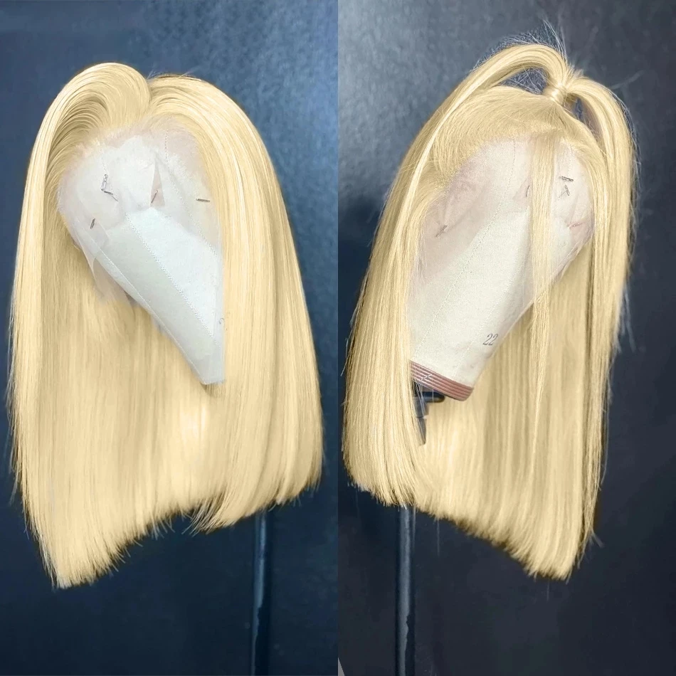 Blond prosty Bob 13x4 koronkowa peruka na przód jedwabna prosta krótka część boczna Bob naturalna linia włosów syntetyczna koronka peruki