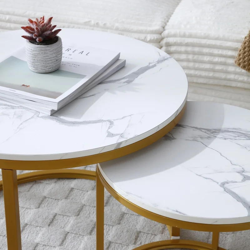 Set 2 Coffee Table Nesting White and gray top Golden Frame Circular Round and Marble Pattern Wooden Tables, Living Room Bedroom