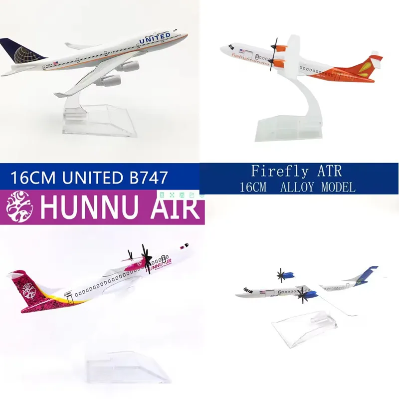 

16CM Model Diecast Alloy Airplane UNITED B747/HUNNU AIR Mongolia FK50 /ATR-72 Malaysia Airways Firefly Propeller Airline Display