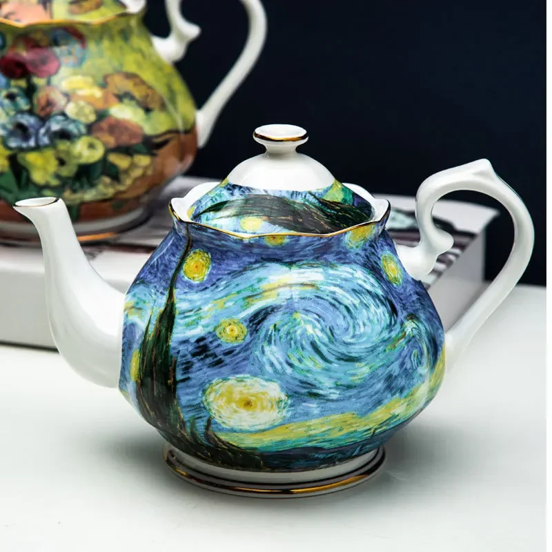 Van Gogh Oil Painting Bone China Pot Light Luxury Ceramic Teapot Coffeeware Tea Sets