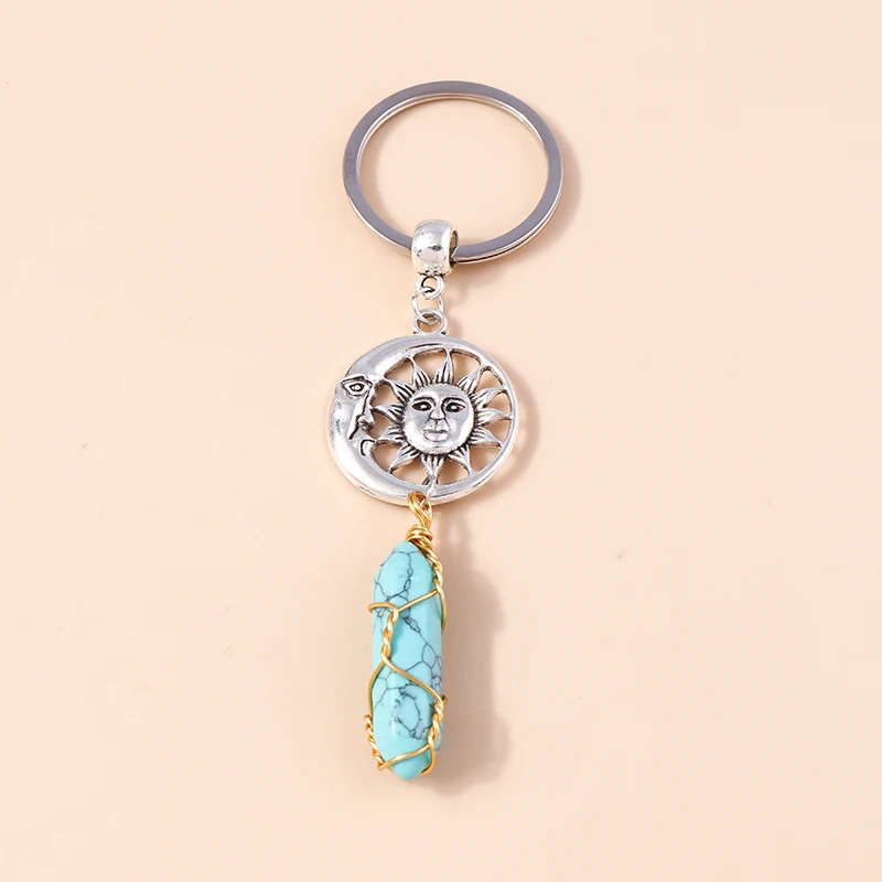 Natürliche sechseckige Säule Stein Schlüsselanhänger Frauen Männer Quarz Opal Kristall Schlüsselanhänger Auge Fatima Hand Sonne Mond Schmuck Party Geschenke – Detail 10
