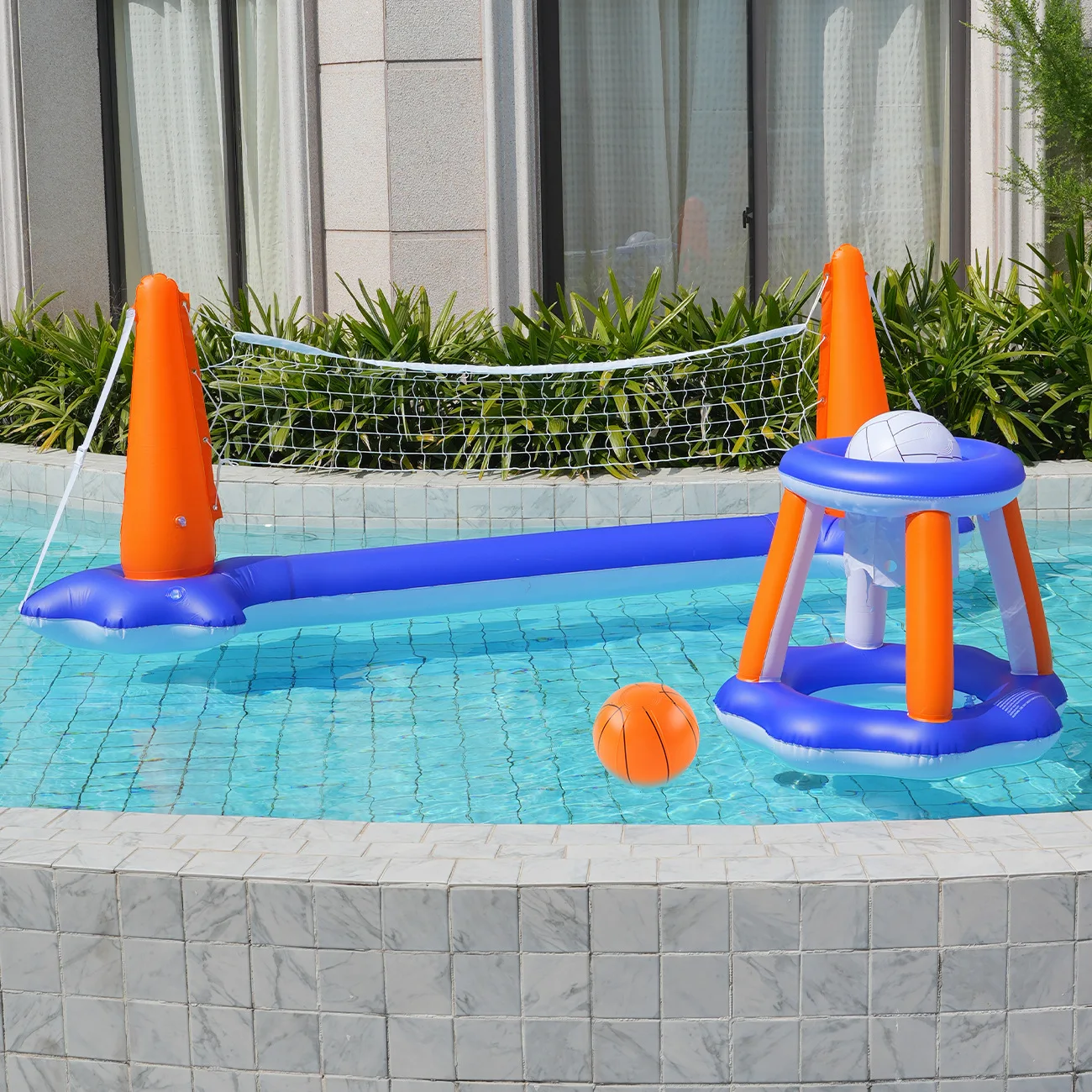 Aufblasbares Pool-Volleyball- und Basketball-Set – PVC-Wassersportspielzeug für Erwachsene, schwimmendes Netz und Korb, Poolspiele, Sommerspaß