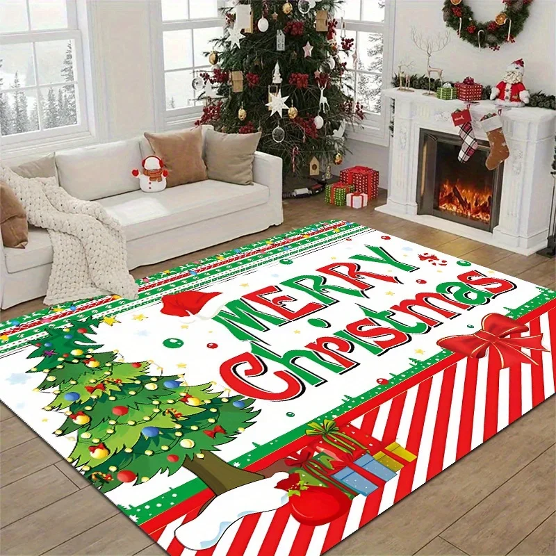 Christmas Tree Flannel Floor Mat Carpet, Colorful Balls Bow Snow Hat Design,  Merry Christmas Letters Non-Slip for Home Decor