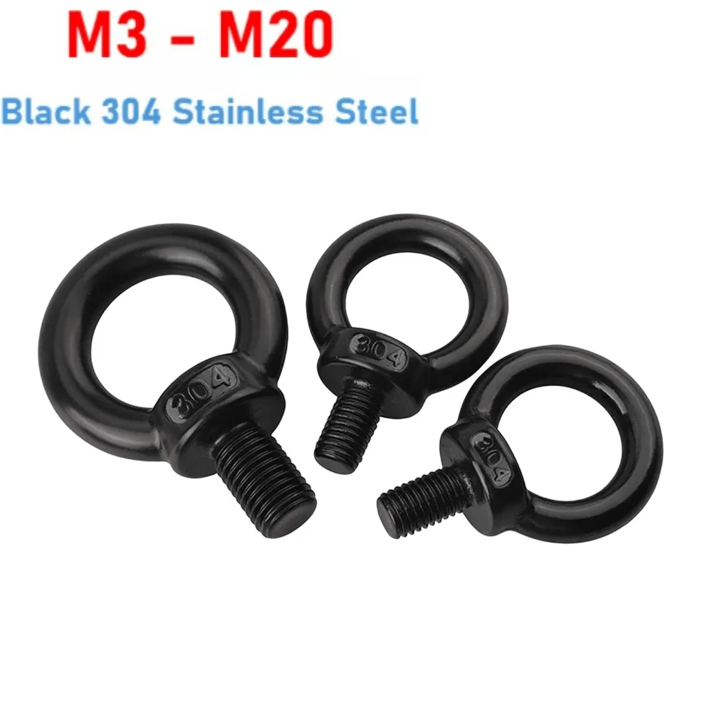 1PCS Black 304 Stainless Steel Ring Eyebolt Lifting Eye Nut M3‑M20 Marine Hooking Screw for Hoisting Rigging Connection Parts