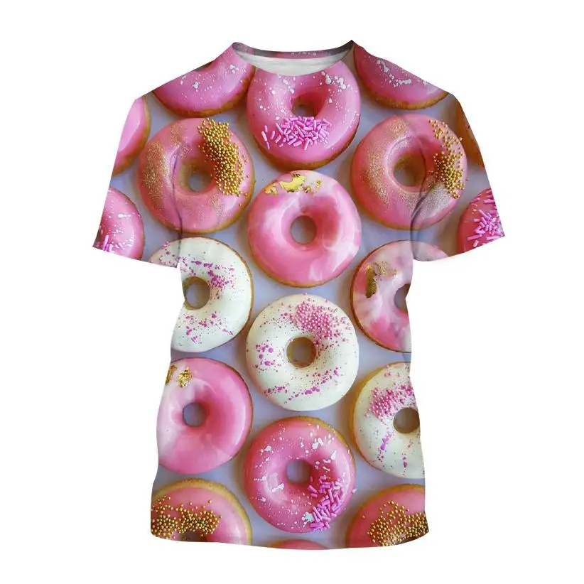 Fashion Doughnut 3d Printing Boys And Girls' T-shirts Delicious Food Pattern Round Neck Harajuku Breathable Summer Thin Top