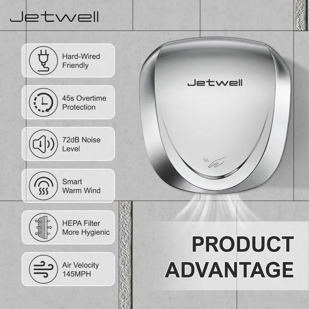 JETWELL 2Pack UL Approved Commercial Hand Dryer with HEPA Filter- Automatic High Speed Stainless Steel Hand Dryers