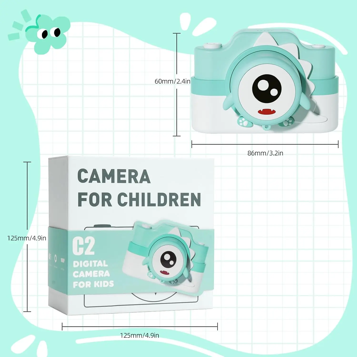 Câmera infantil de dinossauro, câmera sem jogo para crianças de 3 a 9 anos, lente dupla de 32MP e vídeo HD 1080P, câmera digital para crianças pequenas