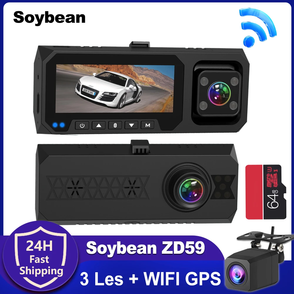 

Soybean ZD59 3 Lens Action Cameras for Car Dashcam 3.16inch Screen with WIFI GPS Night Vision Parking Monitor Front and Rear Cam