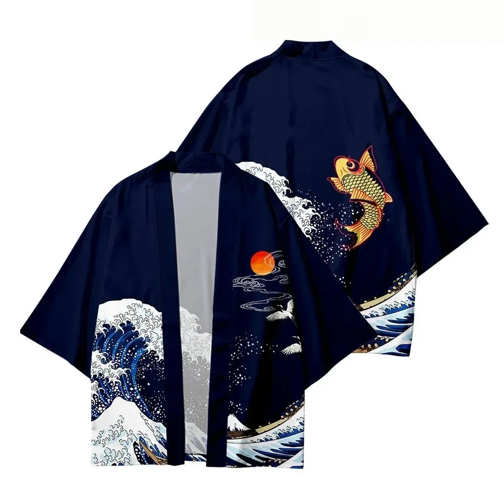 Trendy Street Style Unisex Koi Crane Wave Haori Kimono Ukiyo-E Print 1/2 Sleeve Yukata Beach Cover Up Coat Summer Casual Tops