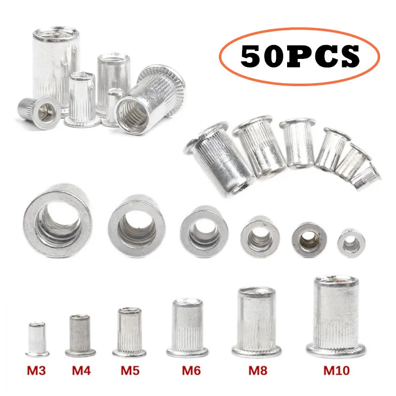 50/10 Stuks Aluminium Klinknagel Platte Kop Schroefdraad Klinknagel Insert Nutsert Cap Klinknagel Moer Kit M3 M4 M5 m6 M8