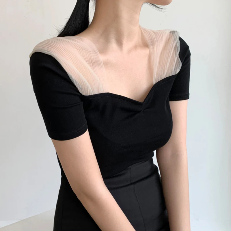 

Chic Summer Slim Fit ort Sve T-irt Women's Square Collar Me Splice Design Top Breathable Comfortable Casual Faion