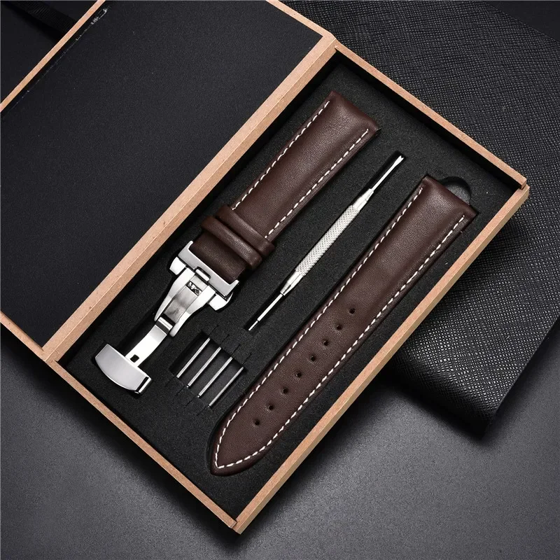 Echtes Lederarmband 18 mm 20 22 24 mm Uhrenarmband Automatische Schmetterlingsschnalle Herren- und Damen-Business-Armbanduhr mit Box-Handgelenkgürtel