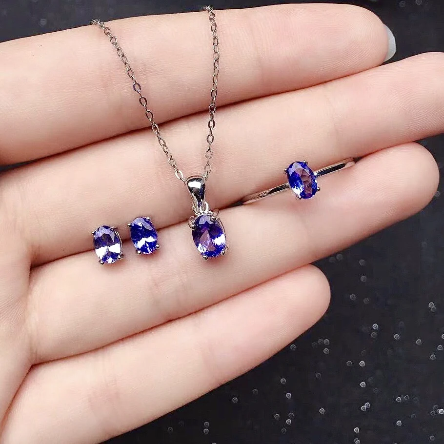 

Simple Tanzanite Ring Earrings Pendant Set for Daily Wear 4*6mm 100% Natural Tanzanite Jewelry Set 925 Silver Tanzanite Jewelry