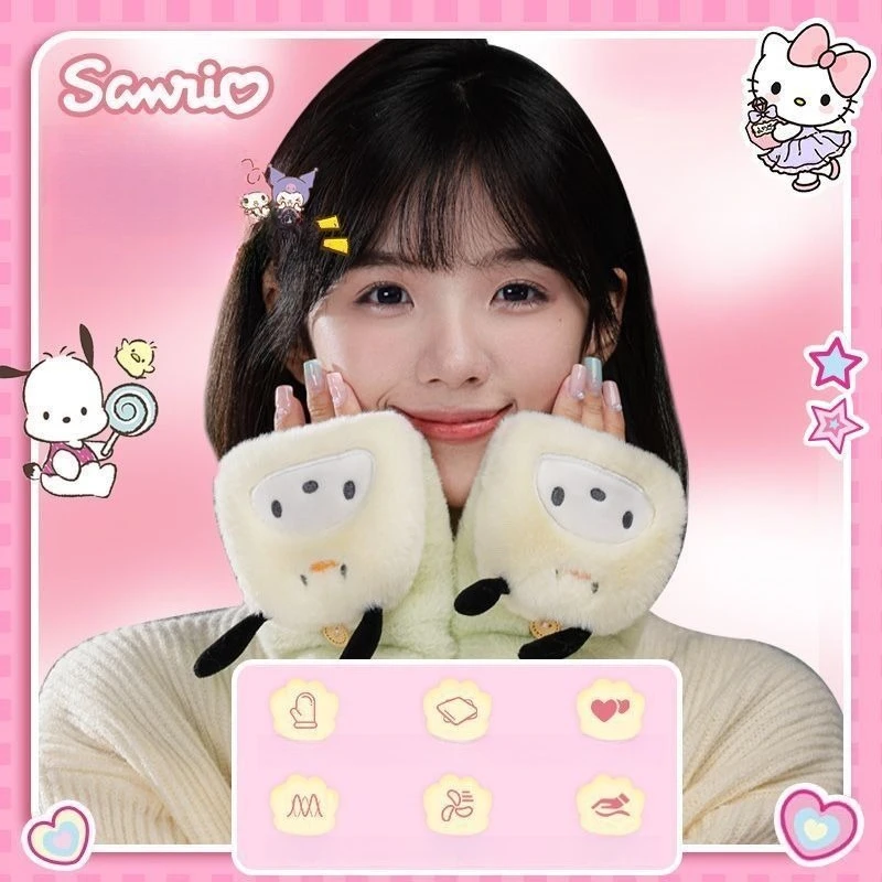 Miniso Sanrio autentico inverno caldo e freddo Melody simpatici guanti in peluche spessi con mezze dita per donna in inverno