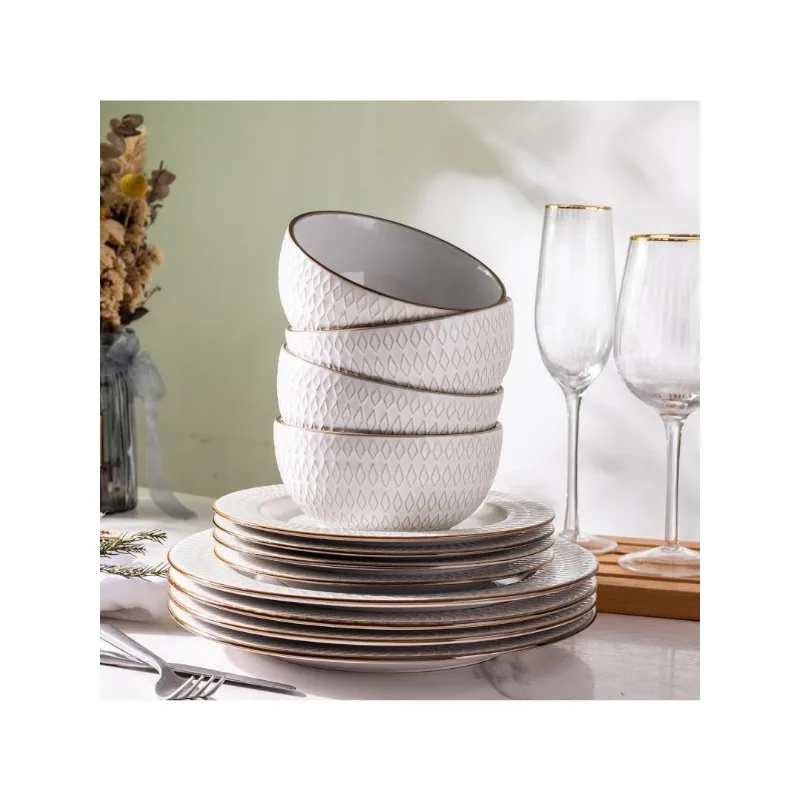 

Ceramic Dinnerware Sets, Embossed Elegant Stoneware Plates and Bowls Sets