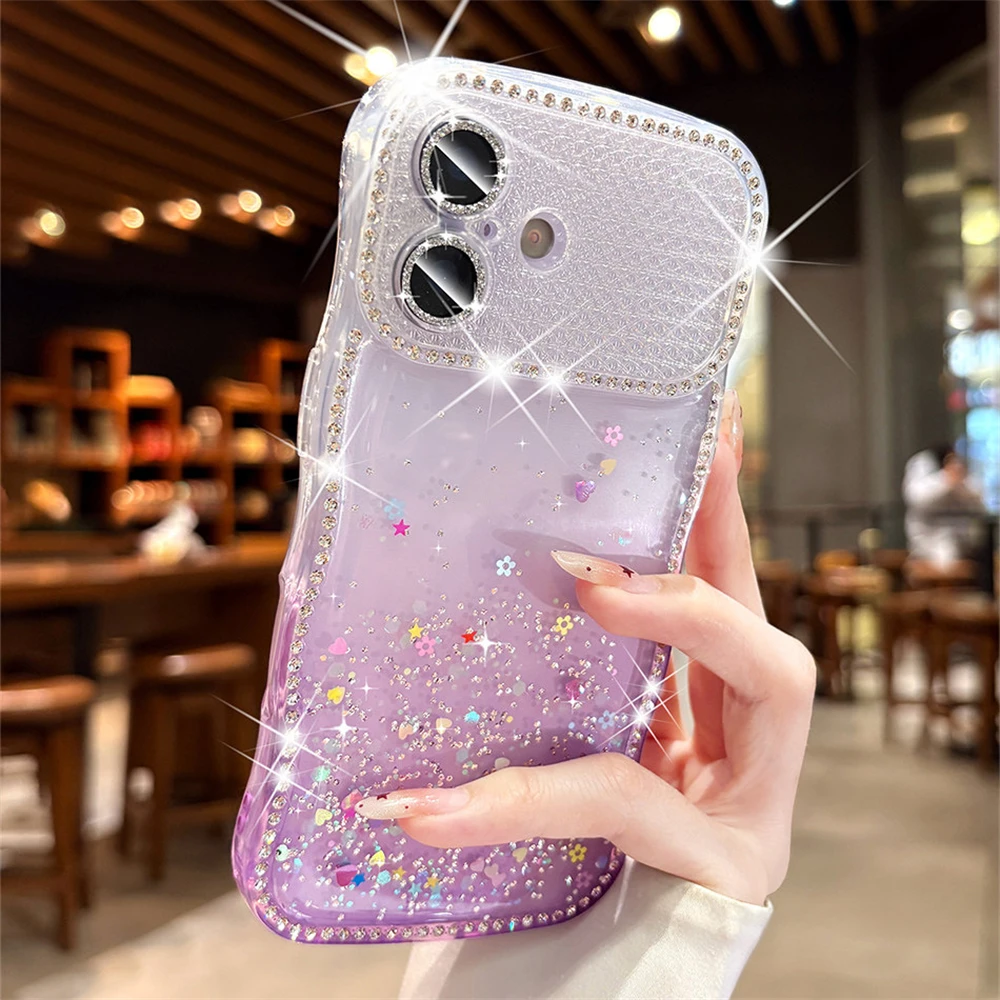 Diamond Camera Protect Glitter Clear Phone Case for iPhone 17 Air 16 15 Plus 14 13 Pro Max Wave Curly Frame Gradient Color Cover