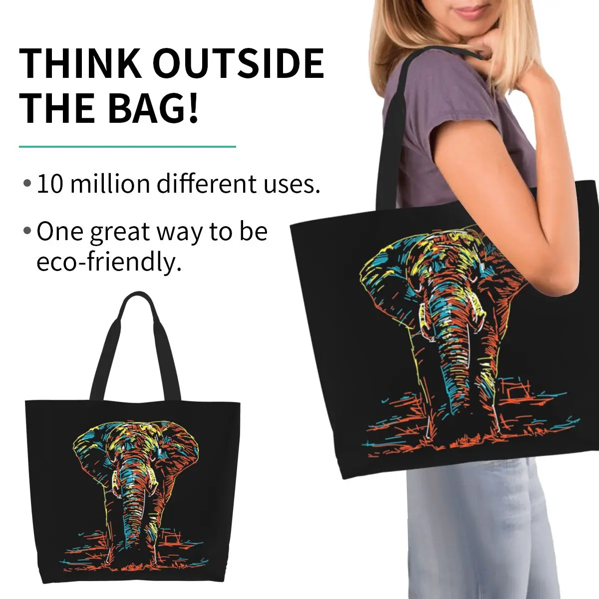 Colourful Abstract Elephant Neon Illustration Shopping Tote Bag Canvas Shoulder Bags Shopper Grocery Handbag for Women