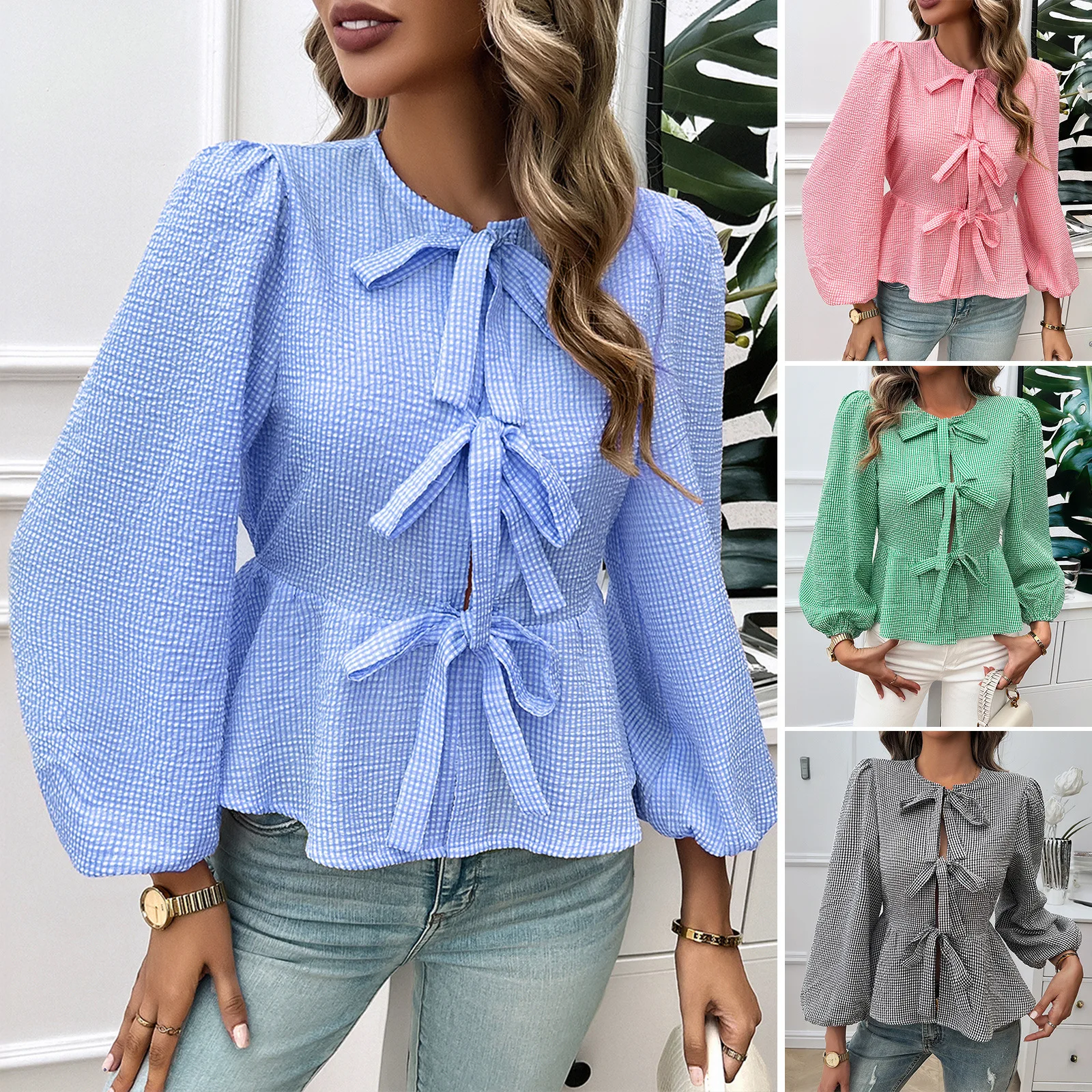 

Women Autumn Spring Blouses and Shirts Ladies O-neck Puff Sleeve Casual Loose Tops Shirt