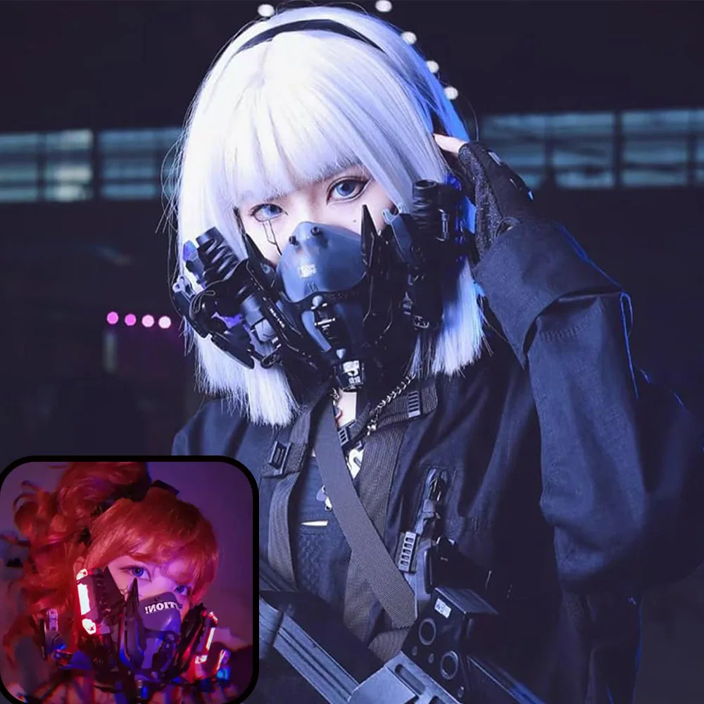 قناع نصف قناع الخيال العلمي للهالوين، قناع فلاش، زي تنكري LED، دعائم باعثة للضوء، ملحقات قناع الخيال العلمي الميكانيكي (أزرق)