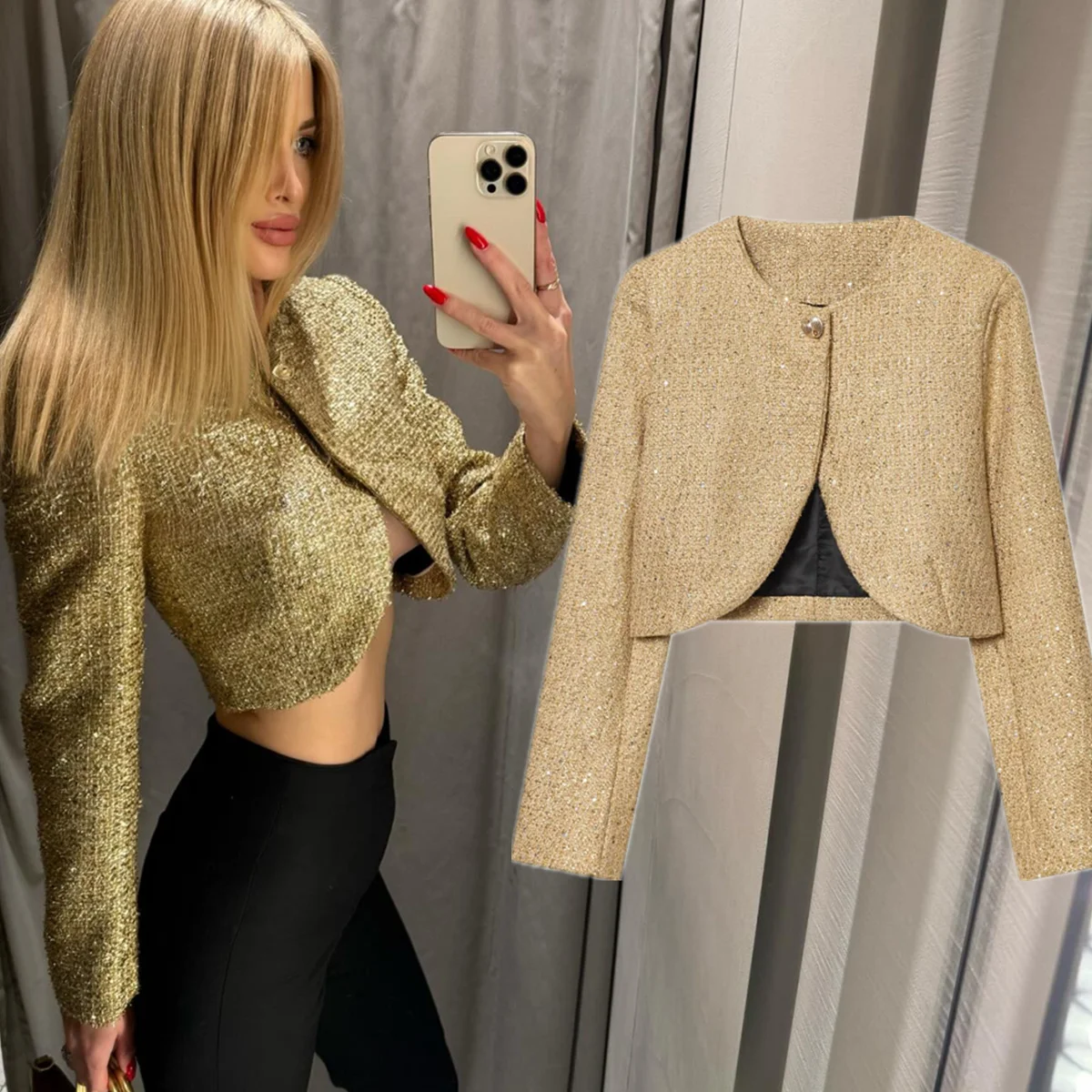 

Dave&Di Ins Fashion Blogger French Minimalist Gold Tweed Short Jacket And Suit Tops Women's Jacket Woman Clothes Blazer Woman