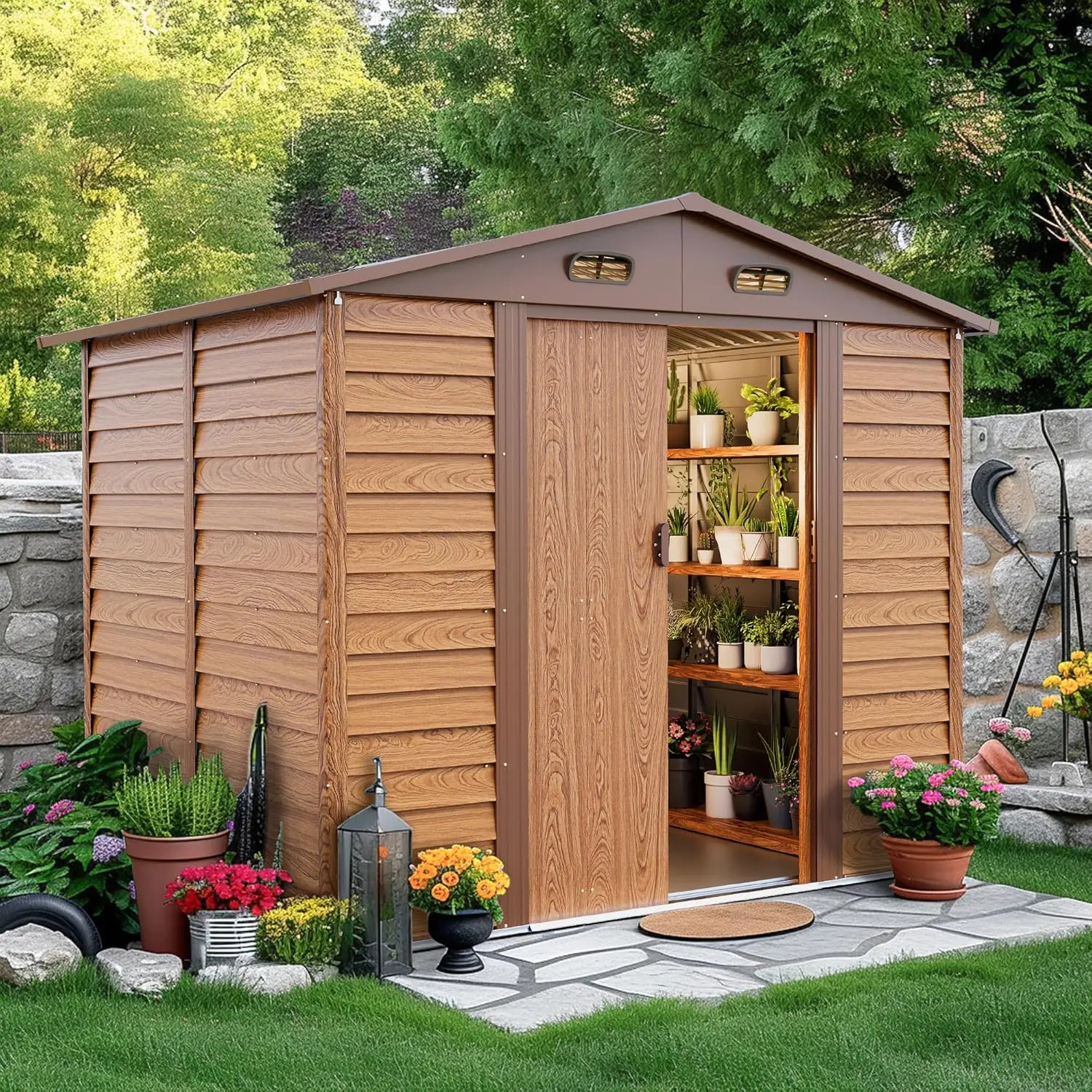 

8x6' Outdoor Storage Shed, Wood Grain Galvanized Metal Shed with Double Sliding Doors, Foundation, Tool Storage Sheds