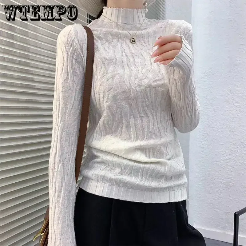 WTEMPO Women Autumn Winter Korean Half High Collar Basic Knitwear Long Sleeve Slim Knitted Sweater Solid Pullover Tops Ropa