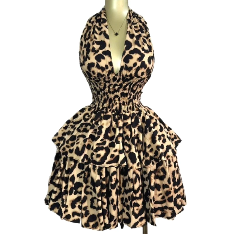 

Short Dress Women Dresses Leopard Vestidos Sexy Y2k Streetwear Halter Sleeveless Elegant Splice Party Night Work Tight Waist