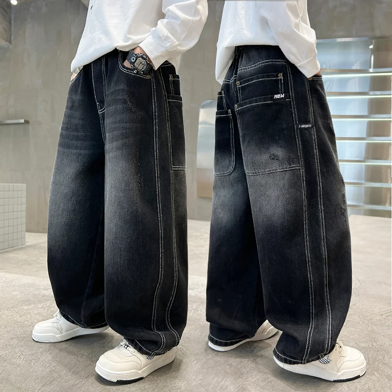 

Boy Jeans Ages 4-14Y Child Pants Tween Boys Contrasting Color Line Denim Students Loose Black Long Trousers Toddler Autumn Jeans