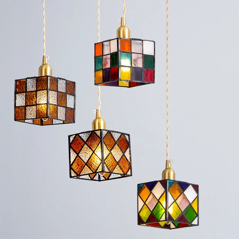 lustre de vidro manchado com cubo colorido pendente iluminacao nordica luz de teto manchada sala de jantar e lampada de cozinha decoracao 01