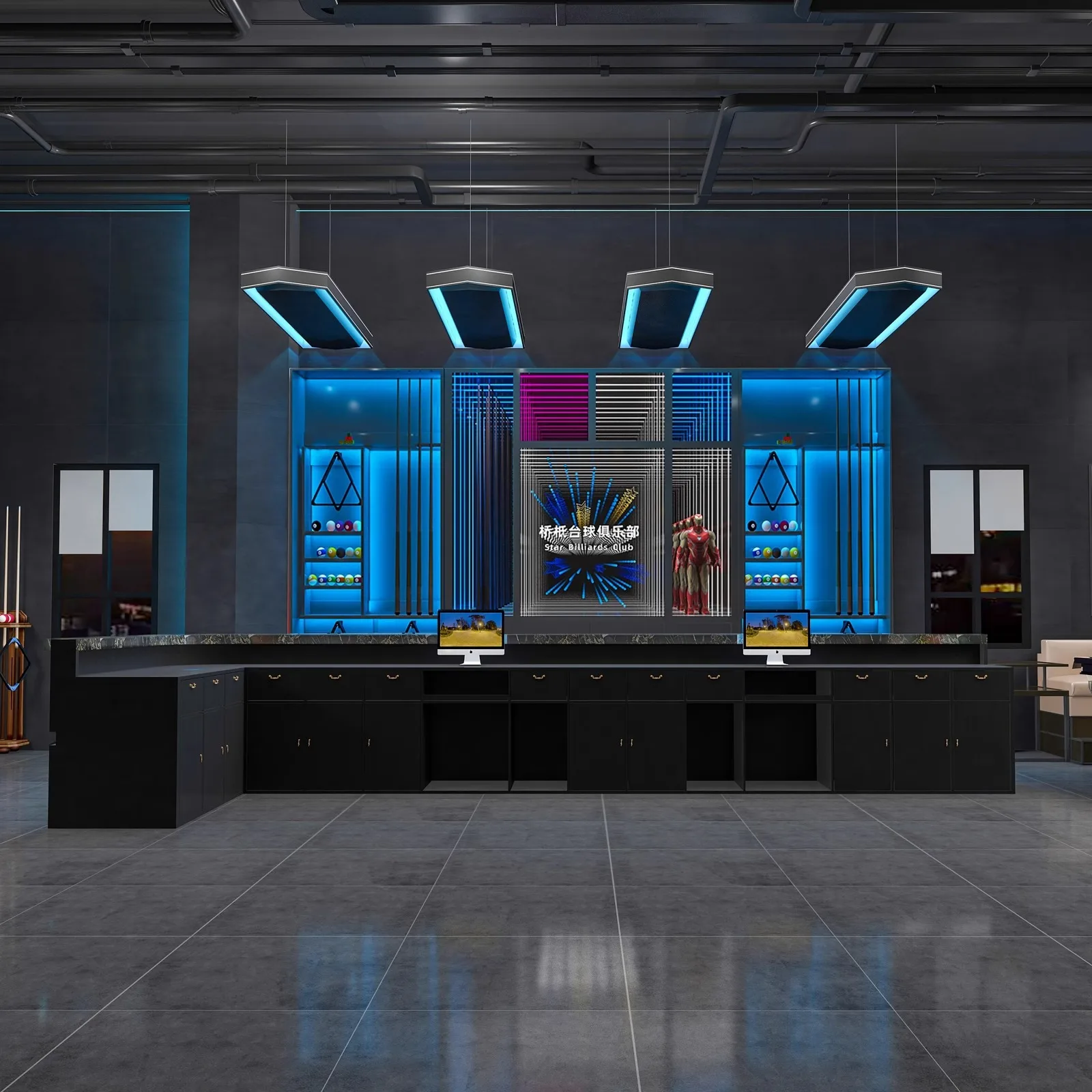 

Corner Front Desk Billiards Counter Design Modern Snooker Club Custom Double-sided Bar Clear Cashier Counter Billard Club