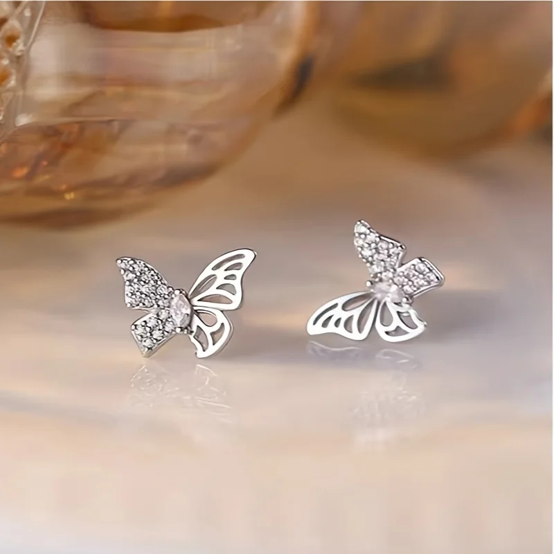 1 pair of 925 sterling silver semi-hollow flashing diamond butterfly girl simple high-end earrings jewelry holiday gift