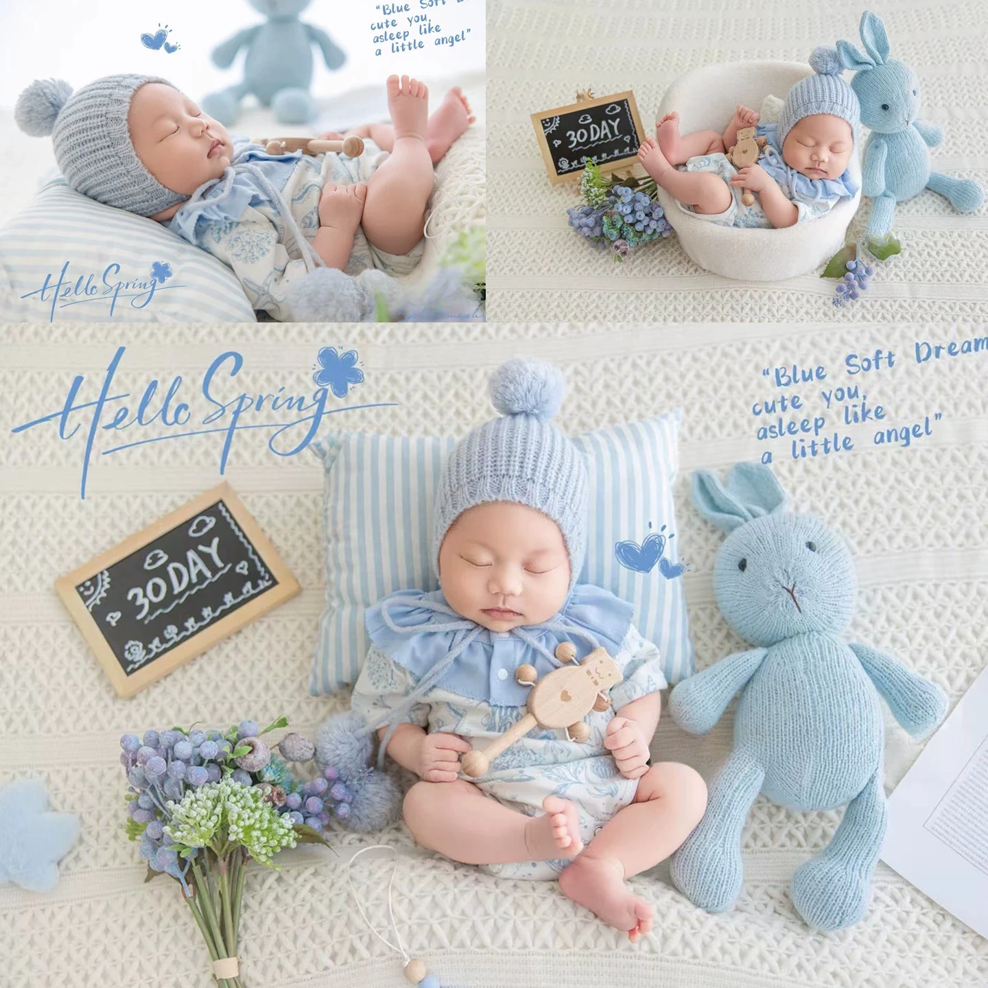 Baby Photo Props Newborn Outfit with Hat Handmade Knitted Bunny Doll Florals Posing Pillow Blanket Set for Studio Phtoshoot