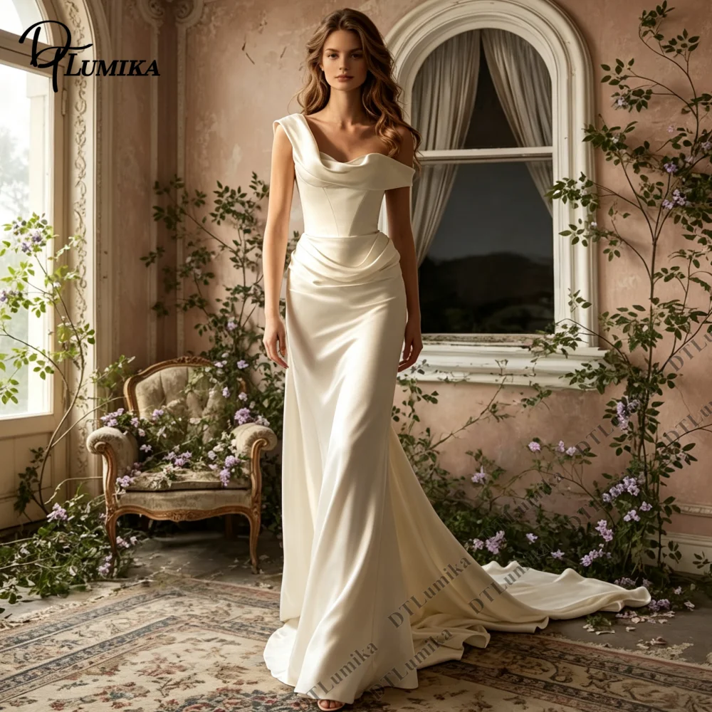 Elegant Satin Mermaid Wedding Dress One Shoulder Draped Bridal Gown Fit and Flare Simple Minimalist Bride Dress Custom Size