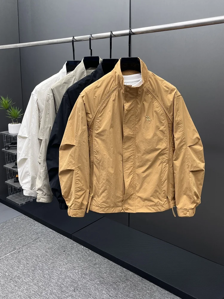 

New 2025 Men's Spring Faionable Patchwork Jaet Thin Stand Collar Hip Haome Trendy Brand Breathable Polyester Fiber