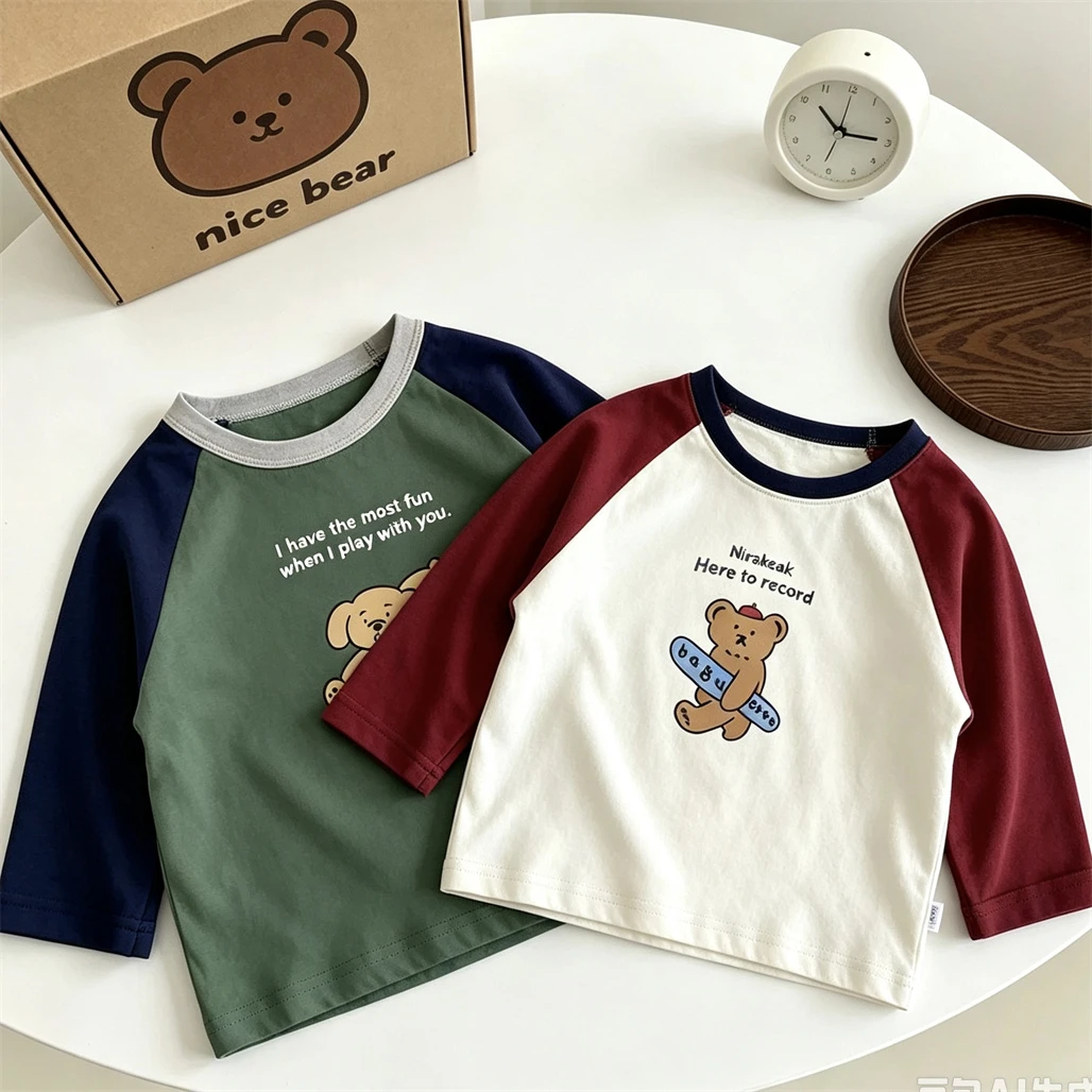 Pure Cotton Raglan Long Sleeve TShirt Fashion Casual Clothes Round Neck Pullovers For Boys And Girls Thin Simple All-match Tops