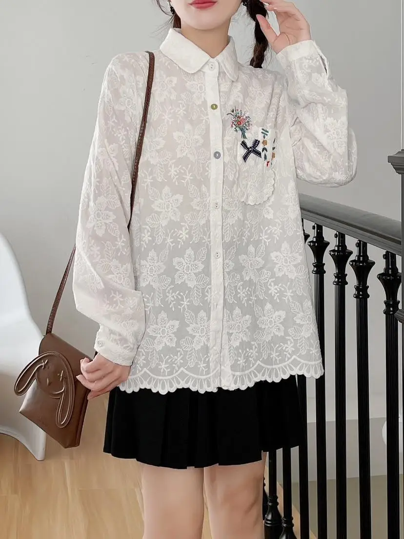 Autumn Japan Style Sweet Lolita Lace Flower Embroidery Cotton Shirt Women Mori Girl Turn Down Collar Long Sleeve White Blouse