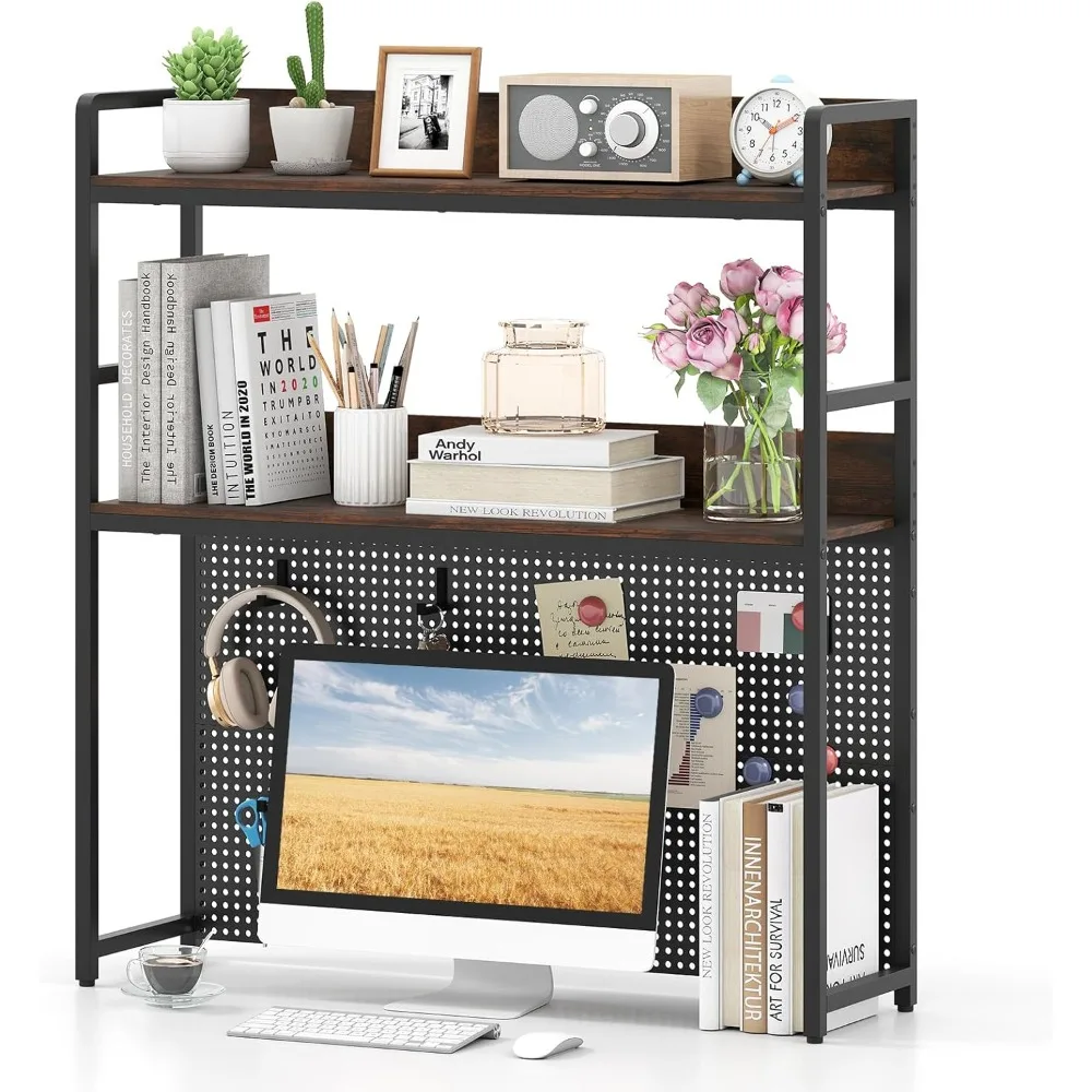 

Tangkula Desktop Bookshelf, Multipurpose 2-Tier Desk Hutch with Pegboard, Industrial Countertop Storage Organizer Rack for up to