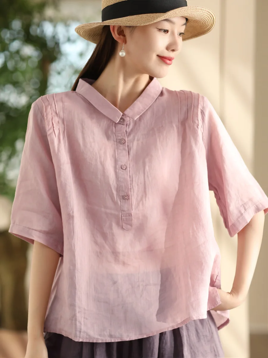 

Retro Double Twist Silk irt Women's Hand Pleated Collar mid Sve Pure Color Top Quali Commute Sle Loose Fit