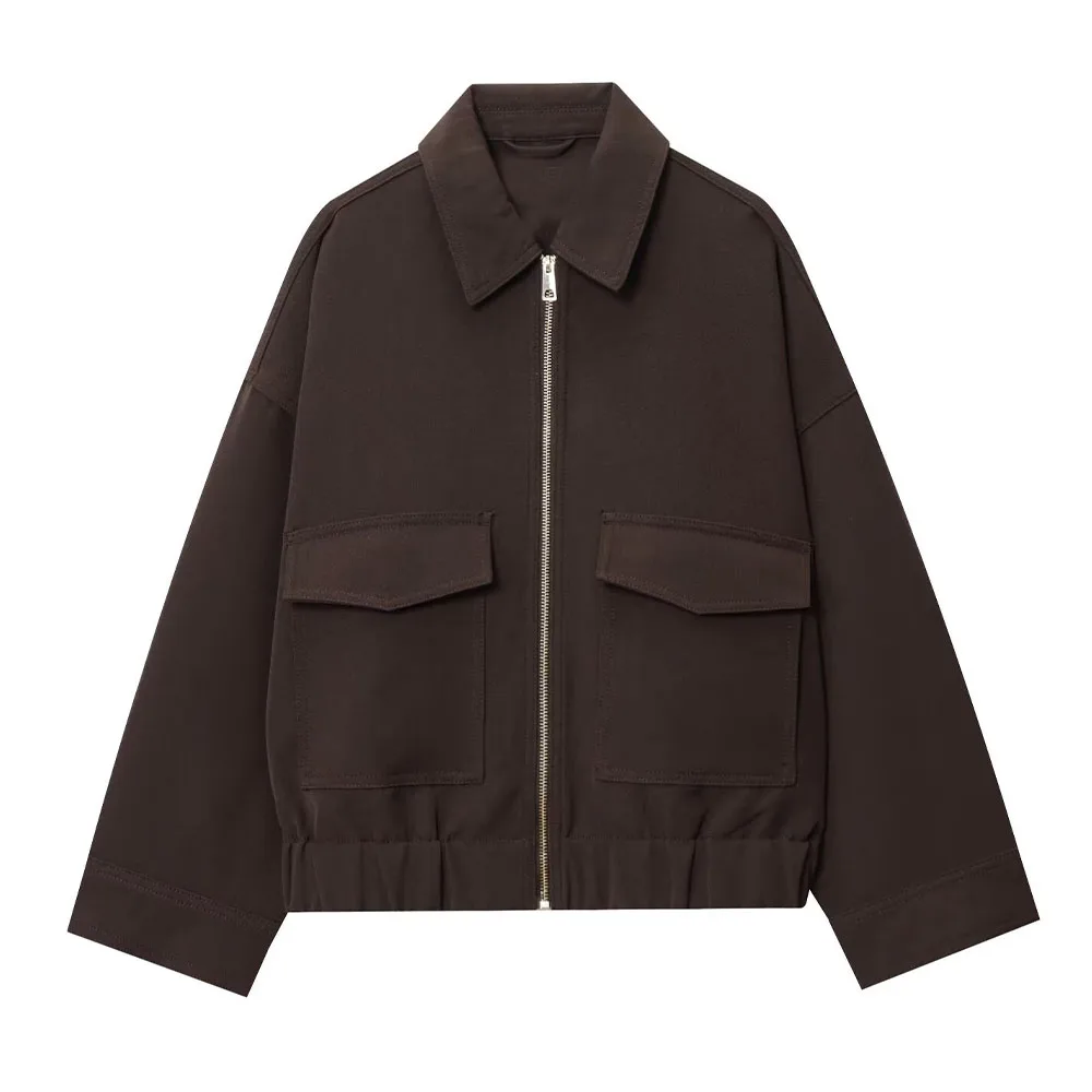 

WOMAN 2025 fashion European and American style autumn new pocket decoration loose jacket lapel long sleeve coat Outerwear Mujer