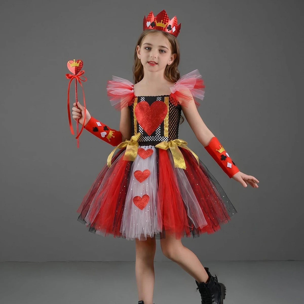 Queen of Hearts Tutu Costume Alice in Wonderland Halloween Cosplay Dresses with Crown & Wand Kids Princess Party Dresses