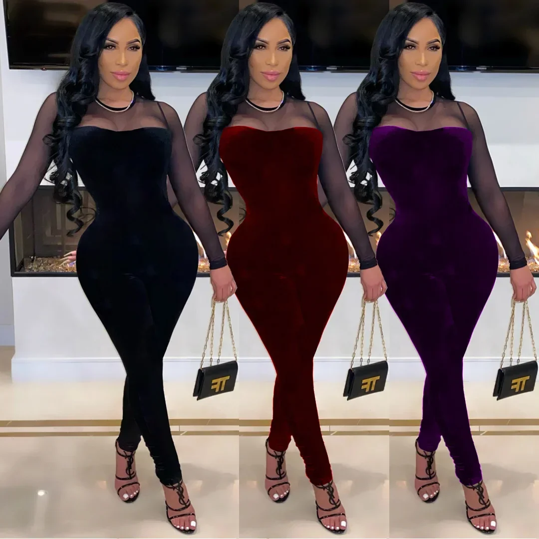

Women's Jumpsuit Solid Color Splicing Mesh Zipper Perspective Sexy Slim Fit Long Sleeved Pants Jumpsuit