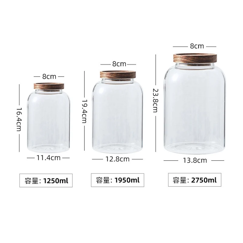 Transparent Glass Storage Jar Large Sealed Coffee Tea Tank with Wooden Cover Miscellaneous Grain Storage Jar Fruit Pickle Bottle