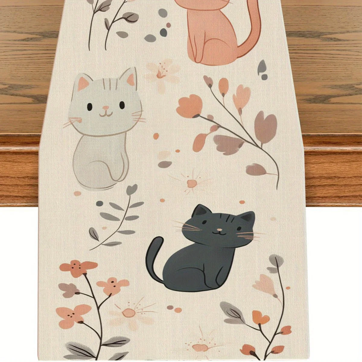 Cute Cat Floral Pattern Table Runner - Soft Durable Easy-Clean Warm Home Decor for All Dining Styles