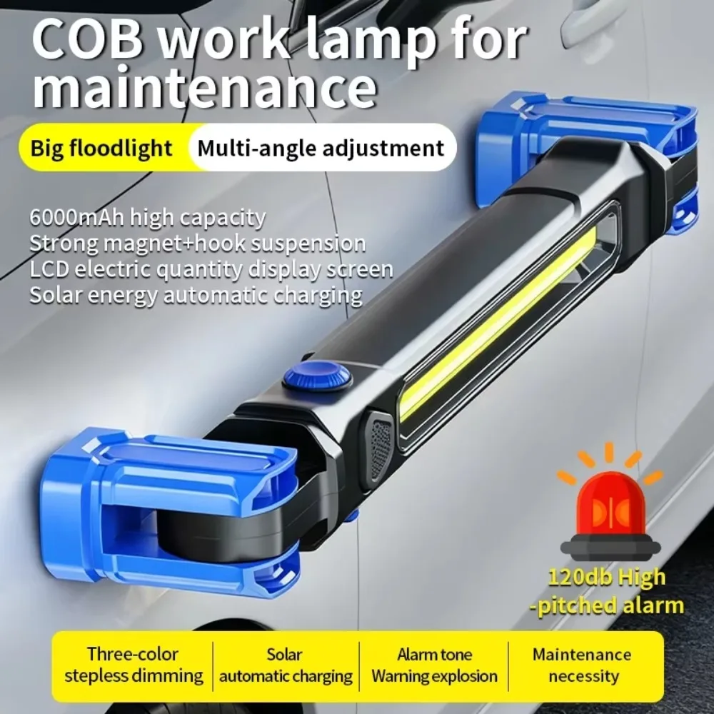 Multifunctional Solar COB Work Light Super Bright Long Runtime Flashlight with Hook and Clip for Repair Emergency Camping